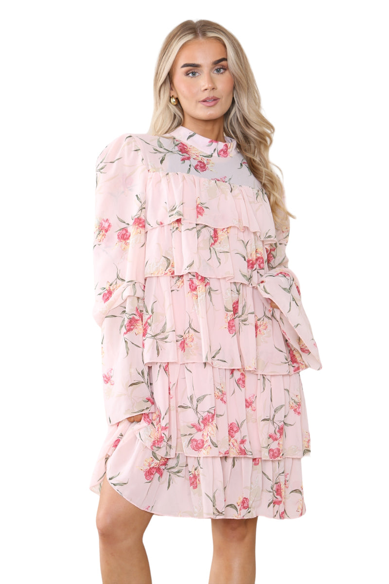 Women's Peach Pink Mock Neck Floral Flowy Ruffle Pleated Layered Mini Short Dress - Casual Elegant Double-Layered Puffed Bell Sleeve Swing Smocked Sundress for Holidays and Beach