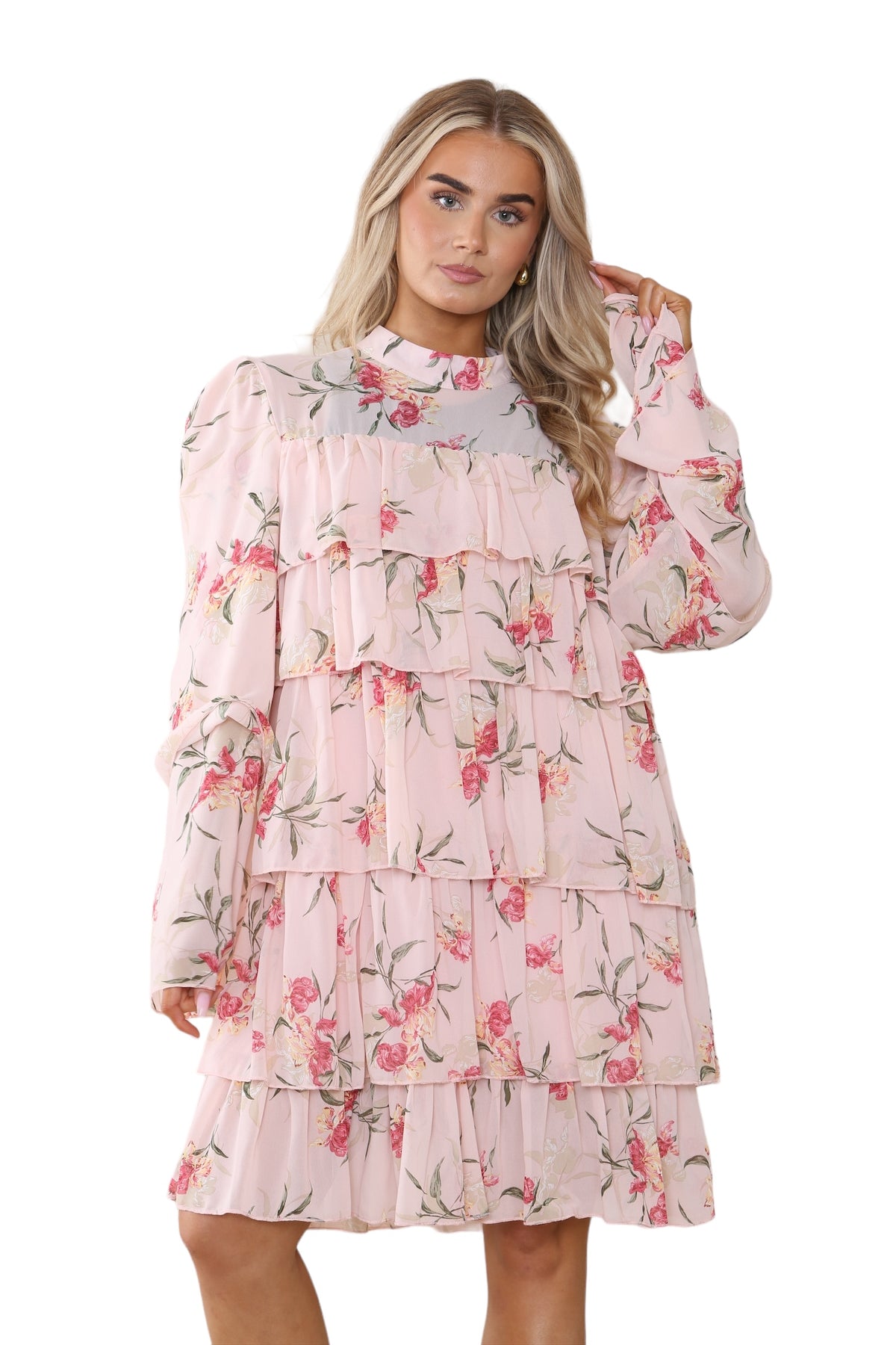 Women's Peach Pink Mock Neck Floral Flowy Ruffle Pleated Layered Mini Short Dress - Casual Elegant Double-Layered Puffed Bell Sleeve Swing Smocked Sundress for Holidays and Beach