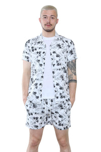 Men's Black and White Floral Summer Co-Ord Set - Shirt and Shorts