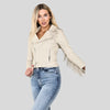 Elaina Fashion Women's New Beige PU Faux Leather Fringed Jacket Elegant Tassel Zip Up Slim Fit Waist Short Biker Motorcycle Rider Winter Spring Autumn Coat Outerwear