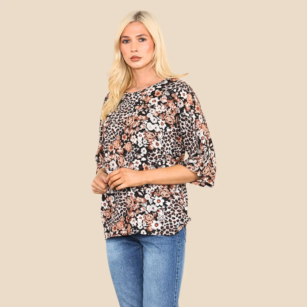 Women's Floral Print ¾ Sleeve Blouse - Round Neck Casual Loose Relaxed Fit Top for Ladies, Business Office Work Streetwear Fall Summer Fashion